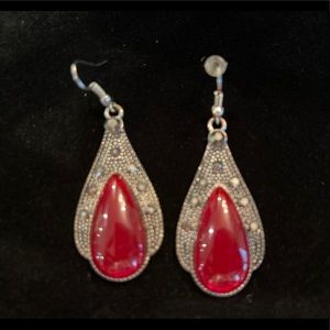 Red teardrop and filigree earrings